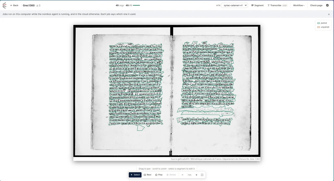 Nomikos page editor open on Grec1360 p.3, a two-page Greek manuscript spread with 49 line segments outlined in green, an HTR model selector in the toolbar, and a paired/unpaired legend