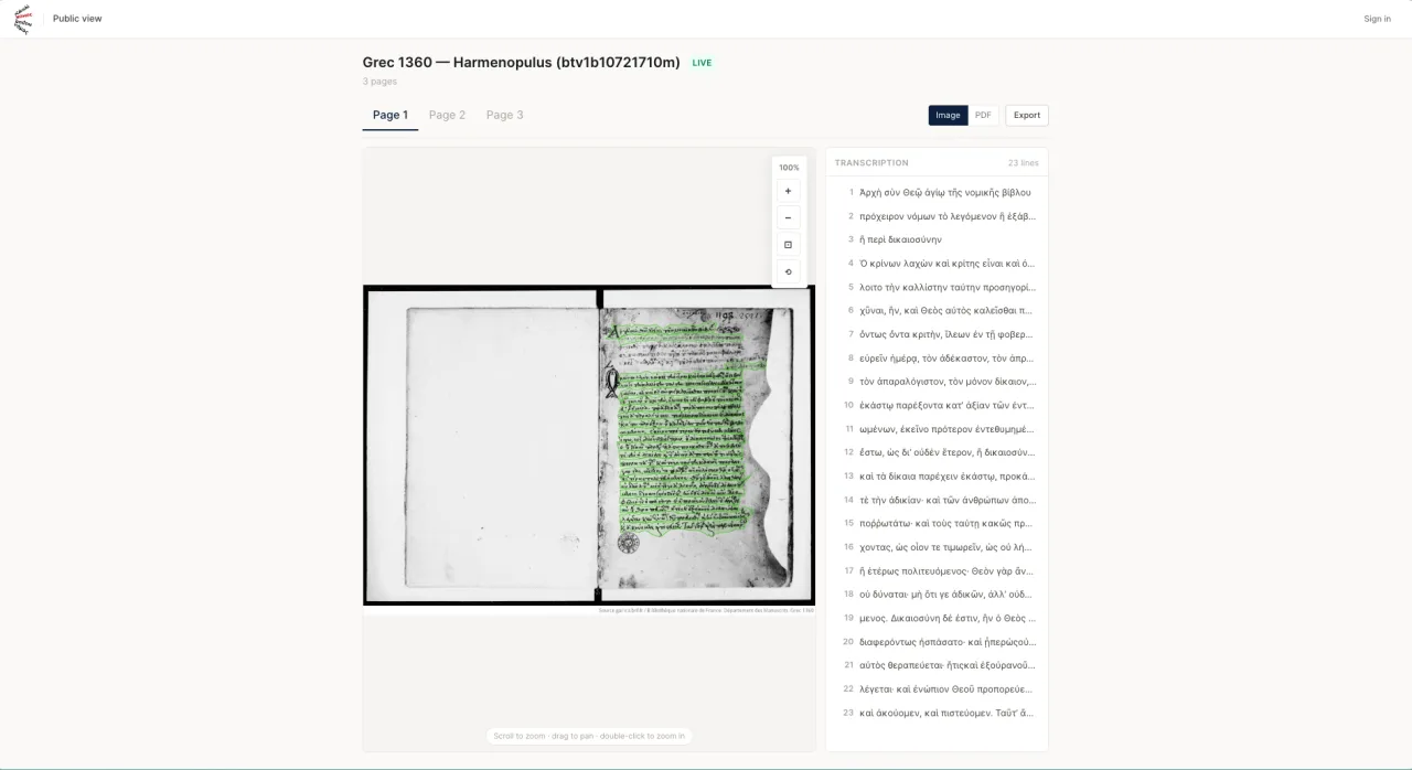 Public live view of a manuscript page with aligned transcription